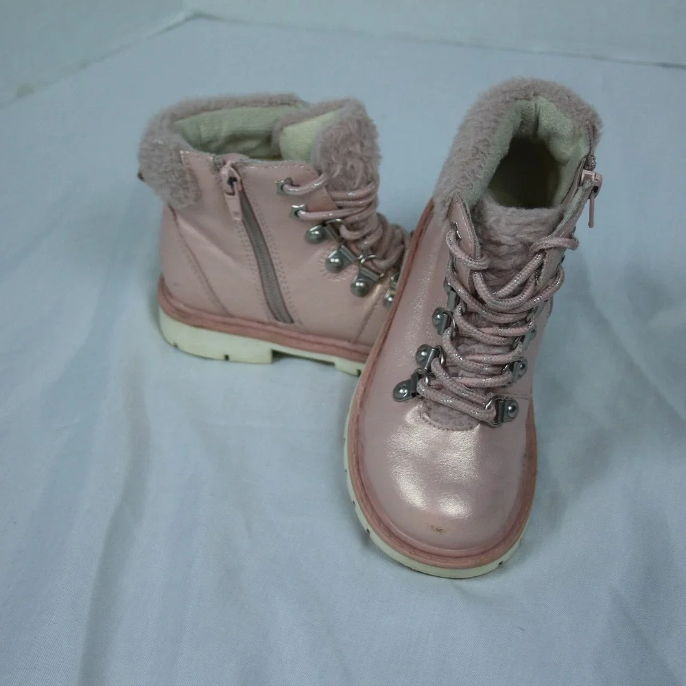 Dream Pairs Kids Girls Pink Metallic Lace Up Fur‎ Trim Winter Boots Size 10